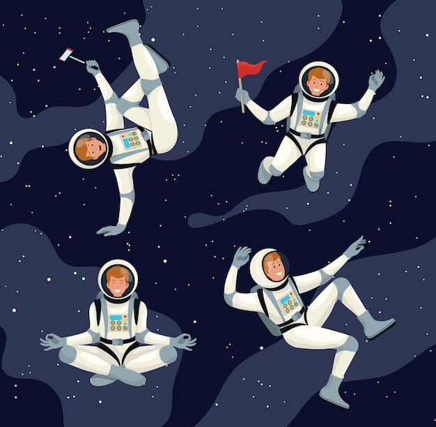 Cosmonauta futurista en traje espacial caminando y volando.