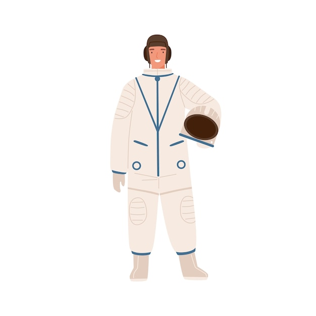 Cosmonauta profesional en uniforme. joven astronauta sonriente en traje espacial con casco. personaje masculino de astronauta. ilustración de dibujos animados de vector plano aislado sobre fondo blanco.