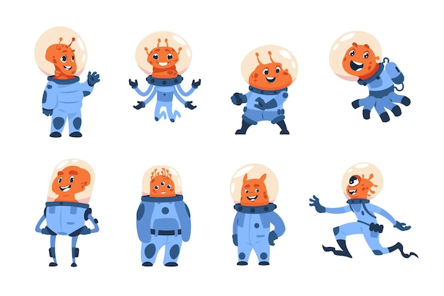 Cosmonautas alienígenas de dibujos animados Astronautas espaciales Graciosos tripulantes de ovnis Monstruos cósmicos naranjas amistosos en trajes espaciales con cascos redondos Conjunto de invasores galácticos Exploradores del universo sonrientes vectoriales