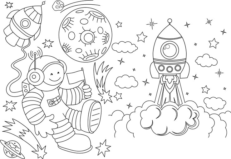 Cosmonautas viajan a muchos planetas con cohetes y se encuentran con extraterrestres para colorear