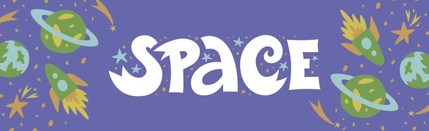 Cosmonautics Day Space Vector ilustración y banner con letras planetas y cohetes