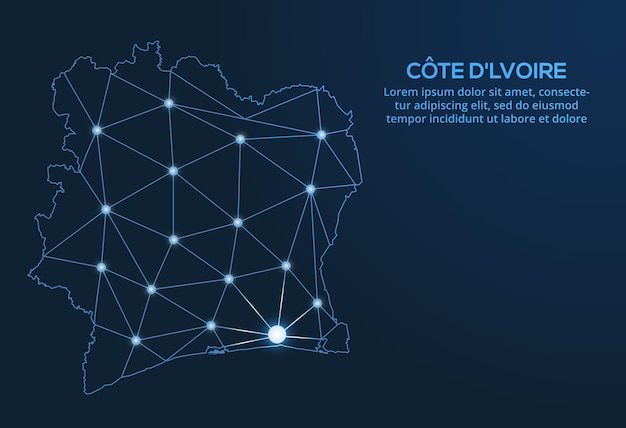 Costa de Marfil Mapa de la red de comunicaciones de COSTA DE MARFIL Vector de imagen polivinílica baja de un mapa global con luces en forma de ciudades Mapa en forma de constelación muda y estrellas