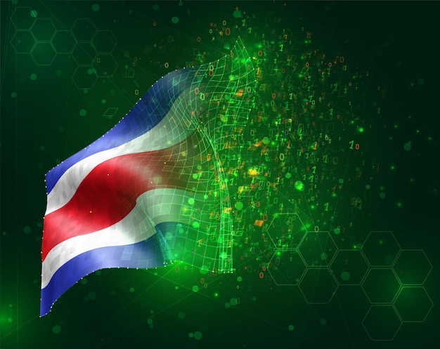Costa Rica, vector bandera 3d sobre fondo verde con polígonos y números de datos
