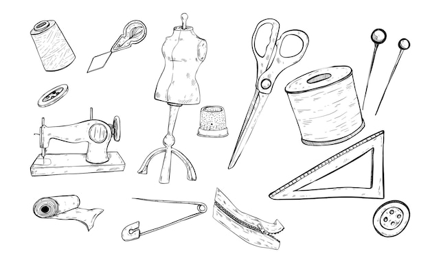 costura, ilustraciones dibujadas a mano, grabado