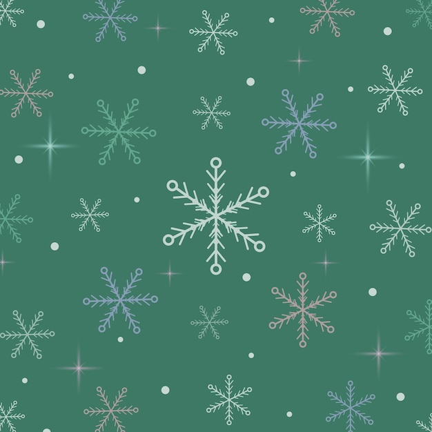 Sin costuras copos de nieve coloridos elementos de decoración navideña nieve de invierno fondo verde abstracto
