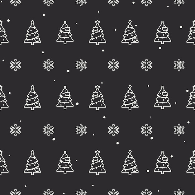 sin costuras planos modernos árboles de Navidad y copos de nieve sobre fondo negro.