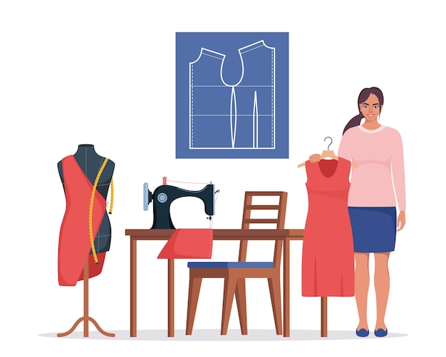 Costurera o costurera trabajando en una máquina de coser Mujer sonriente cosiendo sentada en la mesa