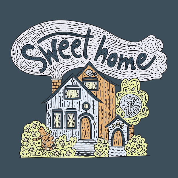 Country doodle cabaña detallada con letras dibujadas a mano dulce hogar