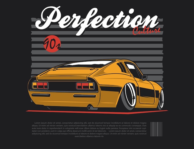 Coupé clásico de los años 90 con acento naranja junto con diseño vectorial de ilustración de fondo a rayas y texto