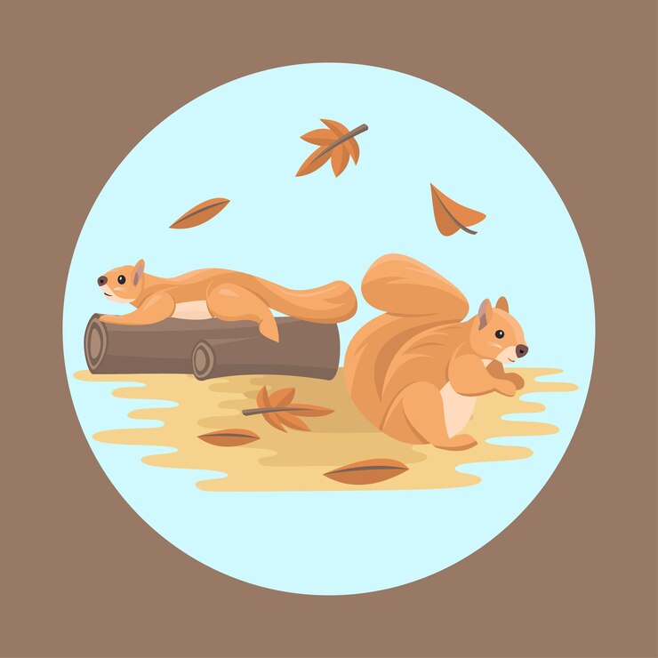 Vector couple de animales de ardilla vector plano colorido con elementos de fondo de la naturaleza de otoño