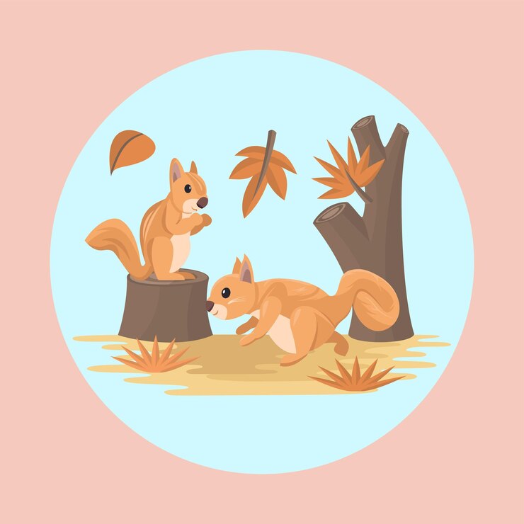 Vector couple de animales de ardilla vector plano colorido con elementos de fondo de la naturaleza de otoño