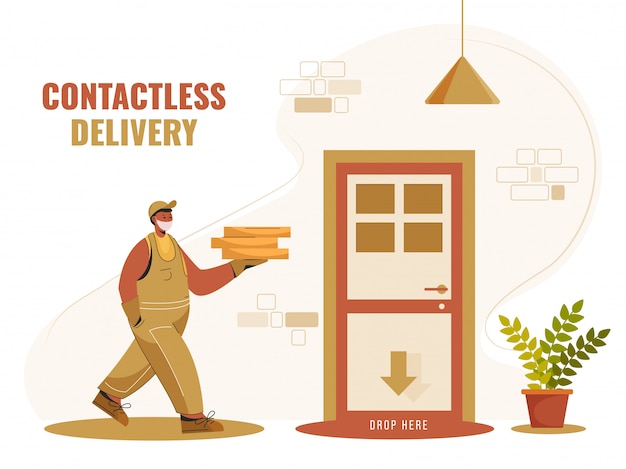 Courier Boy Holding Paquetes para dejar en puerta para servicio de entrega sin contacto. Detén el coronavirus.