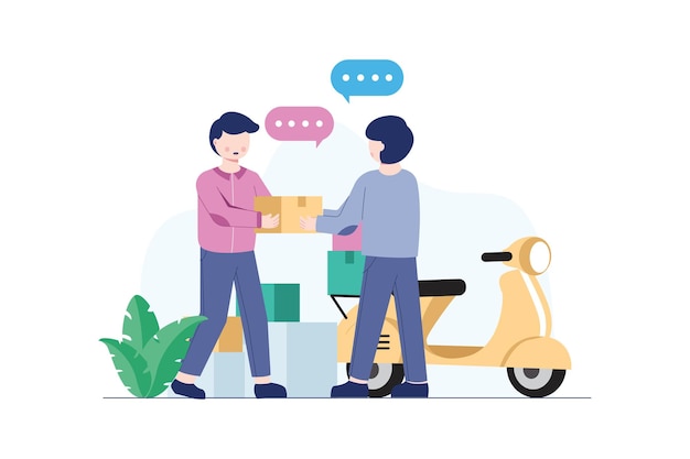 Courier entrega mercancías o paquetes con una motocicleta solicitada en la tienda en línea Concepto de servicio de envío de paquetes con una escena de personajes de personas en una ilustración plana de color
