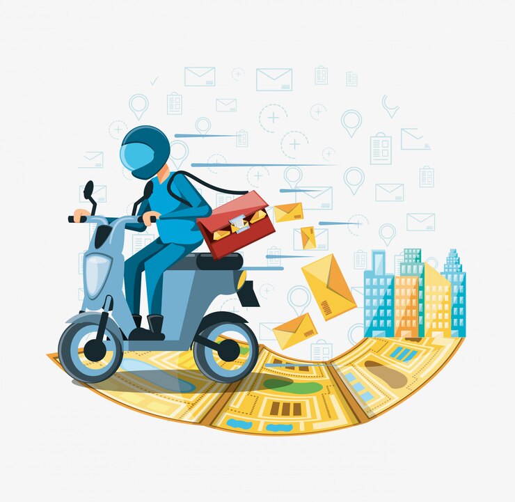 Vector courier hombre de servicio logístico en moto