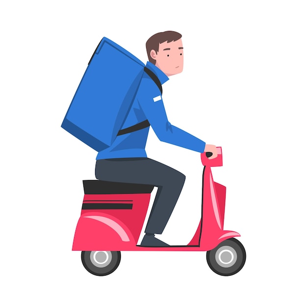 Courier masculino montando una motocicleta con caja de paquetes azul en la parte trasera Visión de entrega de mercancías y productos Envío rápido Ilustración vectorial de dibujos animados