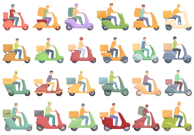 Courier en scooter iconos conjunto vector de dibujos animados. Entrega de restaurante. Mensajero de caja de almuerzo