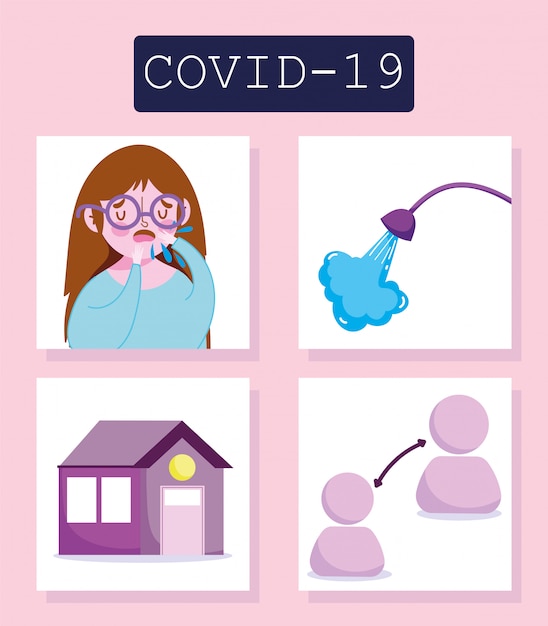 Covid 19 infografía de coronavirus, consejos para niñas y prevención, cuarentena de distanciamiento social y lavado de manos