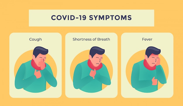 Covid-19 o síntomas de la enfermedad del virus corona con personas enfermas ilustración