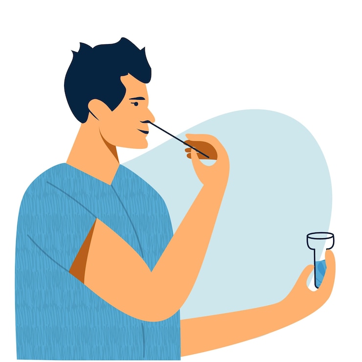 Vector covid nasal pcr hisopo autoprueba rápida hombre joven que usa kit de prueba de antígeno con hisopo autoadministrado examen rápido de anticuerpos hombre tomando frotis covid19 prueba él mismo ilustración de vector plano