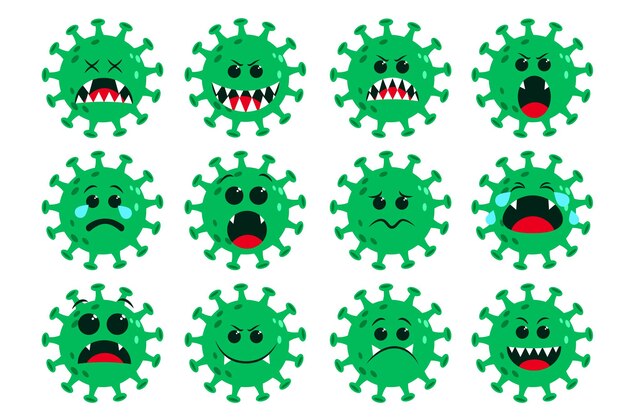 Covid19 coronavirus icono vector verde conjunto Corona virus covid19 dibujos animados emoji y emoticono
