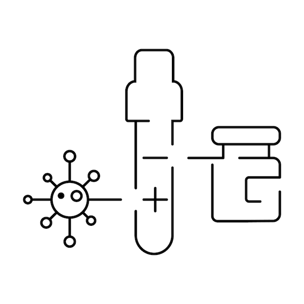 Covid19 icono de línea de tubo de análisis de sangre coronavirus y diagnóstico signo de tubo de análisis de sangre botella de vacuna de virus vectorial