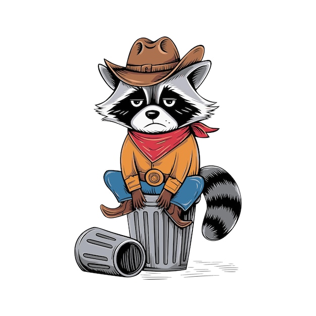 Cowboy Raccoon se sienta en la basura diseño de ilustraciones de arte vectorial de personajes