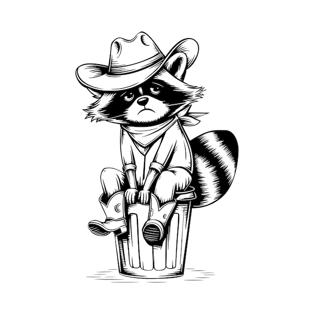 Cowboy Raccoon se sienta en la basura diseño de ilustraciones de arte vectorial de personajes