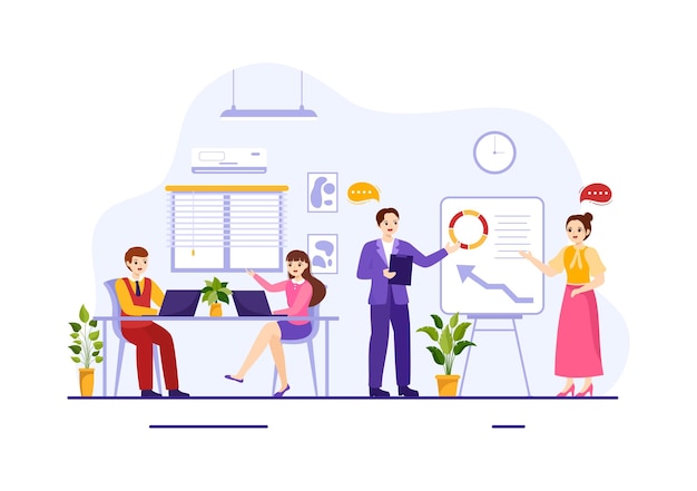 Coworking Business Vector Illustration con colegas hablando y trabajando en las plantillas de Office