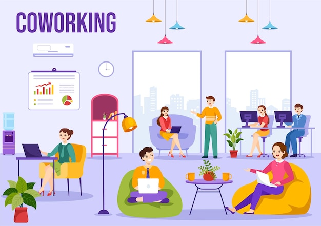 Coworking Business Vector Illustration con colegas hablando y trabajando en las plantillas de Office