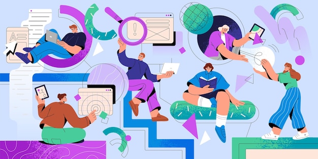Coworking empresarial y concepto de flujo de trabajo Personas de equipo Colegas en la organización de la empresa Comunidad creativa Colaboración de trabajo corporativo y estudio Trabajo en equipo Educación Ilustración vectorial plana