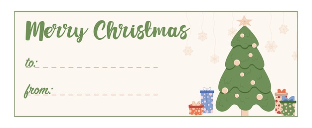 Cozy Hygge Tarjeta de felicitación de Navidad para una caja de regalo con árbol de Navidad y regalos. Feliz navidad