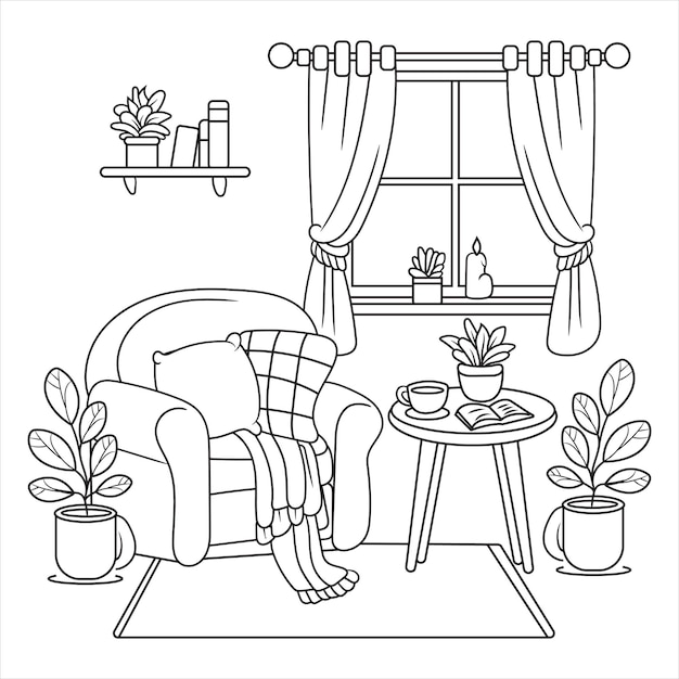 Cozy Reading Nook Line Art