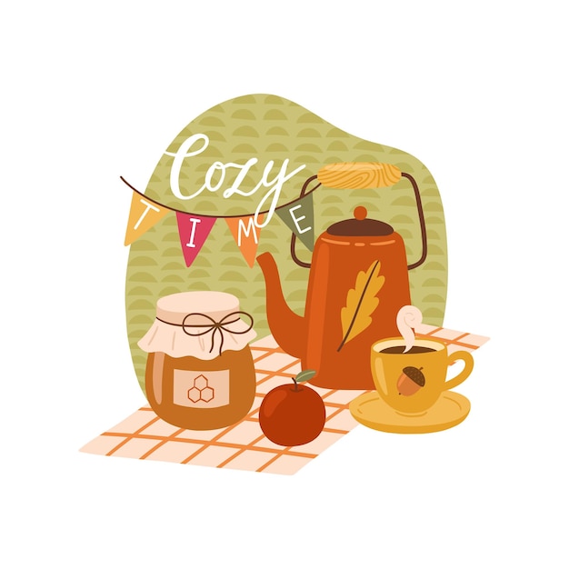 Vector cozy time vector dibujado a mano ilustración conceptual sobre la temporada de otoño con tetera, miel y taza