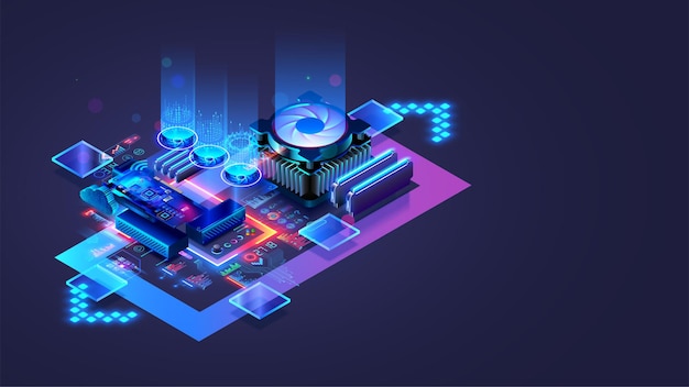 CPU Abstract digital chip computer processor and electronic components on motherboard or circuit board Technology develop electronic devices on microchip or microprocessor hardware engineering AI