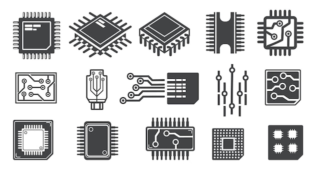 Cpu chips iconos de dibujos animados microprocesador microchip electrónico logotipo cpu gpu chip cuántico para placas base de red de circuitos pcb microprocesador icono abstracto ilustración vectorial ordenada