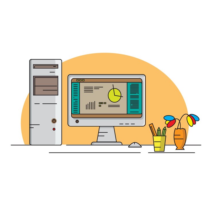Vector cpu computadora diseño monitor pantalla florero ratón adecuado para espacio de trabajo ilustrador vectorial