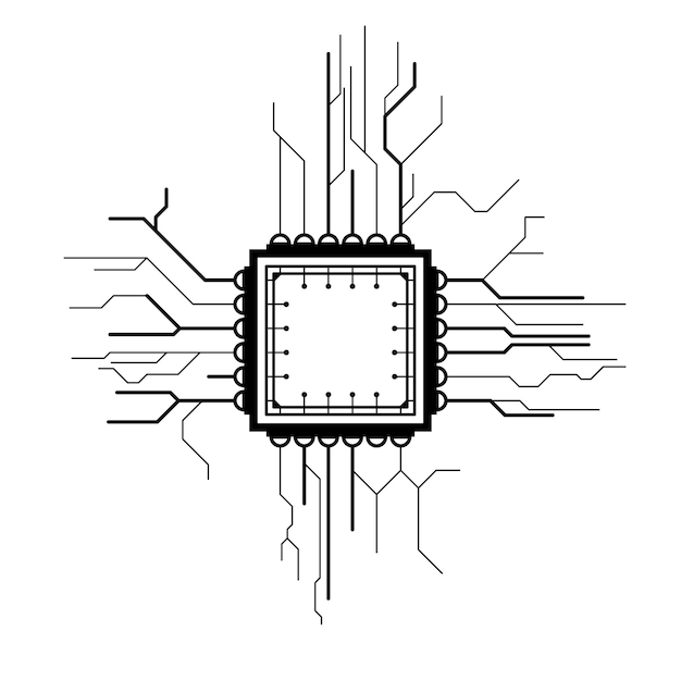 Cpu de línea simple negra abstracta, computadora, tecnología Doodle Esquema Elemento Vector Diseño Estilo