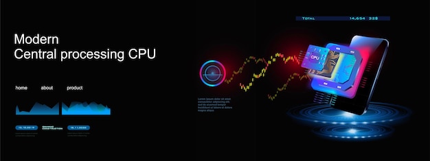 CPU Procesador de computadora de nueva generación Proceso de procesamiento de archivos del sistema y cálculo de información de transmisión Procesador sobre fondo futurista con teléfono móvil