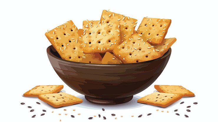 Vector crackers de cereales crujientes con semillas de lino y sésamo en cuenco aislado