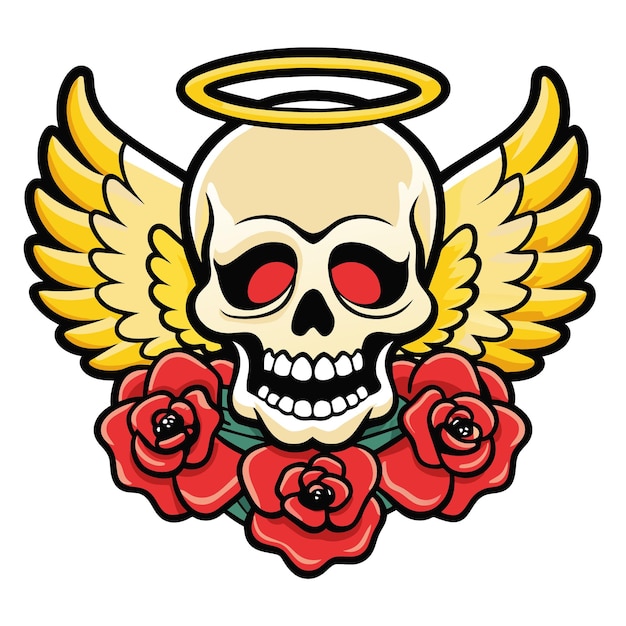 cráneo con alas de ángel y rosas con un estilo de tatuaje vintage