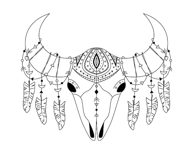 Cráneo de animal en estilo boho con adornos geométricos y plumas de pájaro. Ilustración de contorno tribal.