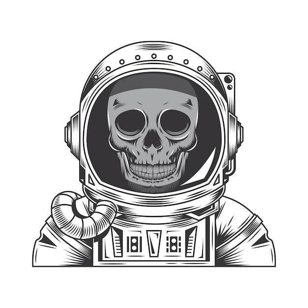 Cráneo astronauta línea arte vintage tatuaje o diseño de impresión vector ilustración