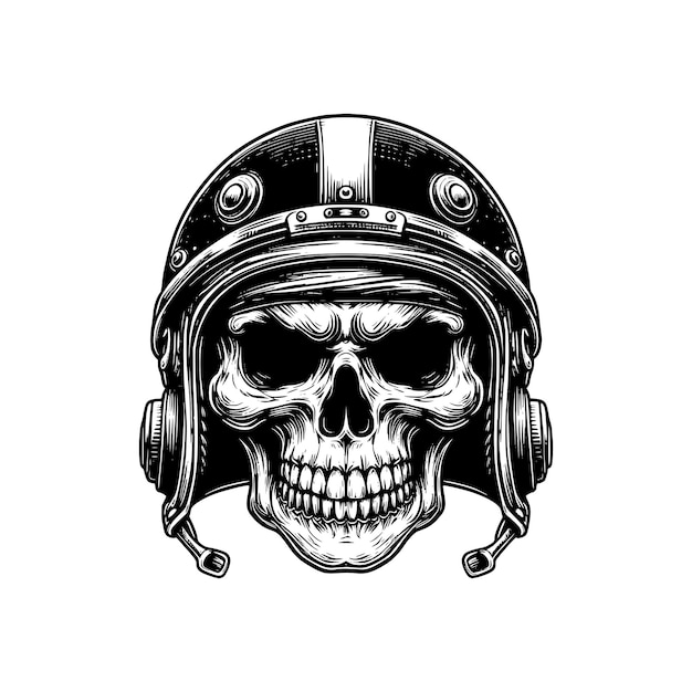 Un cráneo aterrador con casco, ilustración de línea vectorial en blanco y negro.