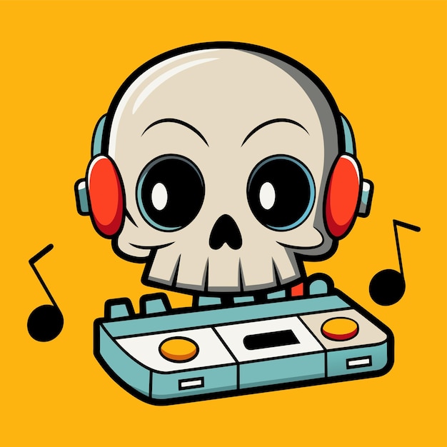 Un cráneo con auriculares escuchando música adhesivo de personaje de dibujos animados de mascota dibujado a mano