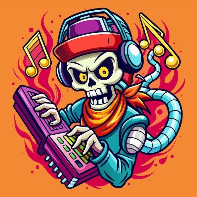 Un cráneo con auriculares escuchando música adhesivo de personaje de dibujos animados de mascota dibujado a mano