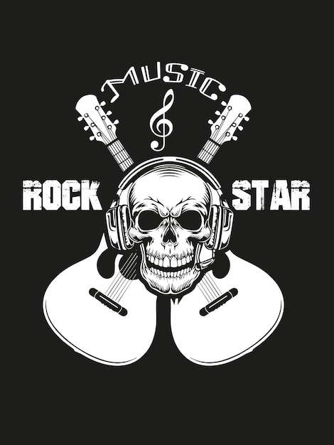 cráneo y auriculares con guitarra diseño de ilustración de Vintage Rock Star