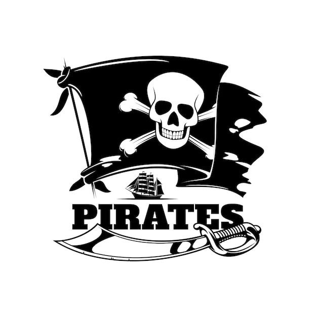 Cráneo de bandera pirata y icono de vector aislado de barco
