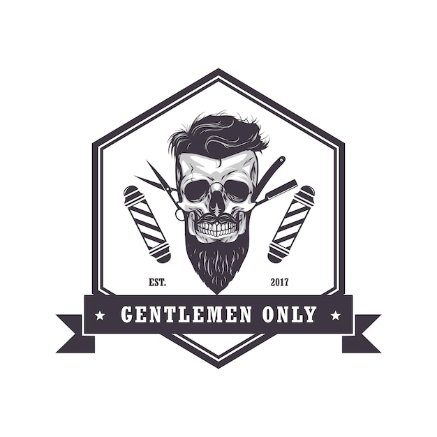 Cráneo barbería logotipo hexagonal plantilla diseño retro vintage ilustración vector