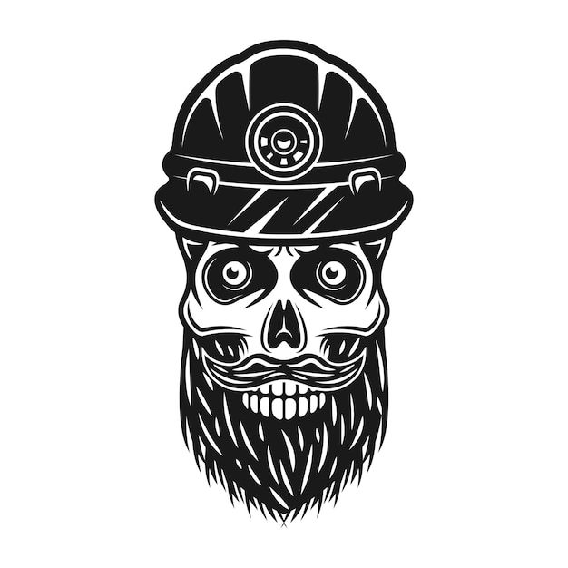 Cráneo barbudo de minero muerto en ilustración de vector de casco protector en estilo vintage aislado sobre fondo blanco