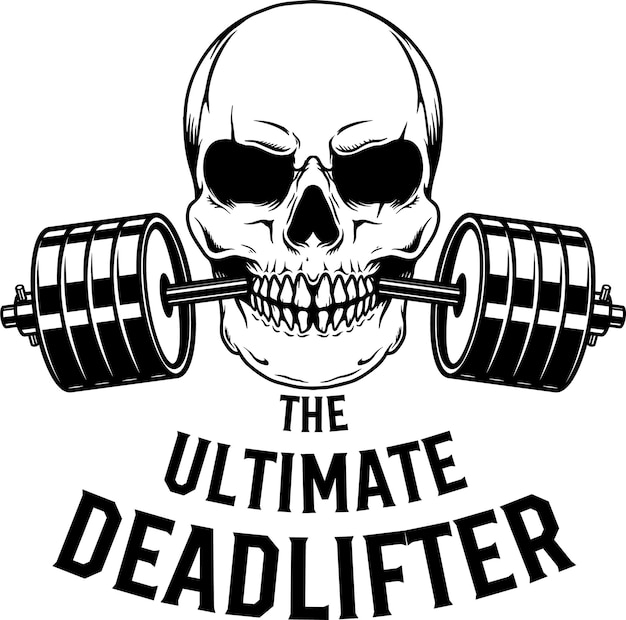 un cráneo con una barra en la boca y las palabras el último deadliftr